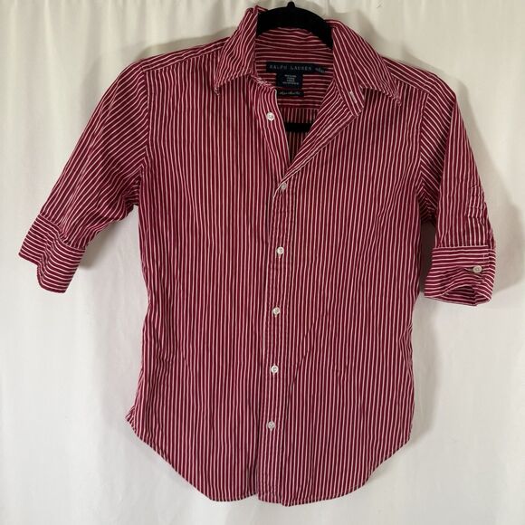 Ralph Lauren Dress Shirt Women's 2 Red Striped Button Up Super Slim Fit Short Sl - Picture 1 of 11
